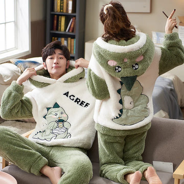 Getadme Couples Pajamas Sets Women Men Winter Thicken Pyjamas Sleepwear Cartoon Dinosaur Korean Lovers Homewear Soft Warm Pijama Hoodies